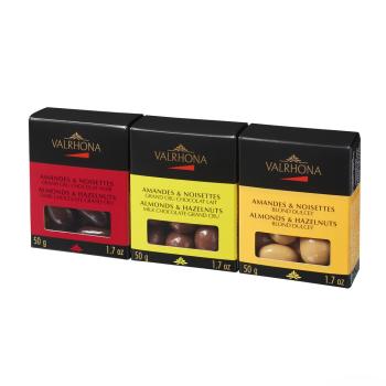 tripack amandes noisettes chocolat noir lait dulcey 150 g par valrhona
