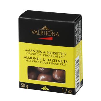 boite amandes noisettes chocolat lait 50 g par valrhona
