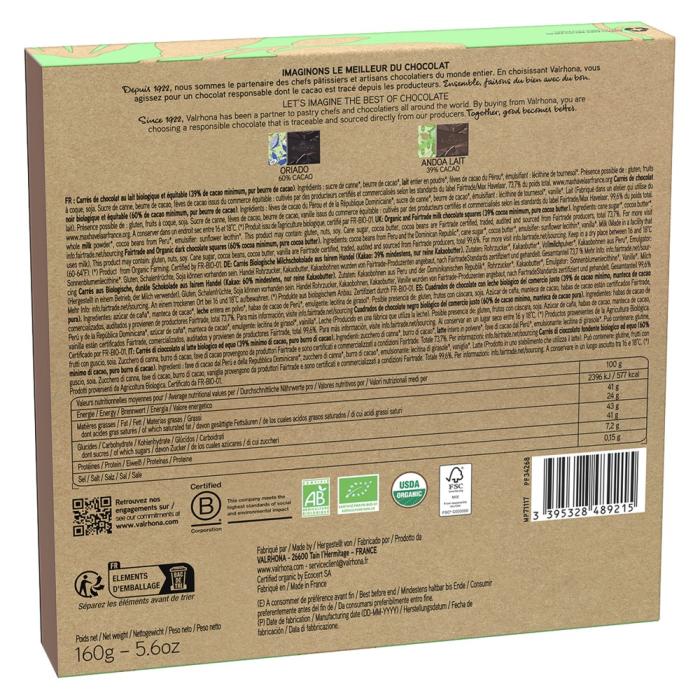 coffret 32 carres chocolat noir lait bio 160 g par valrhona