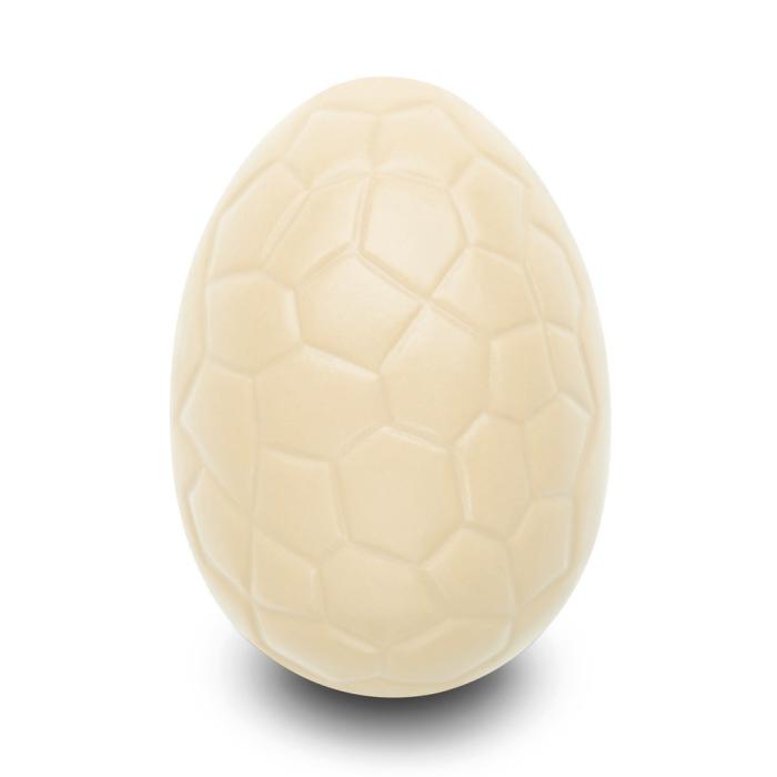 œuf praline fruite 55%. enrobage chocolat blanc. par valrhona