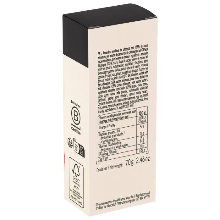 etui amandes enrobees chocolat noir lait 70 g par valrhona