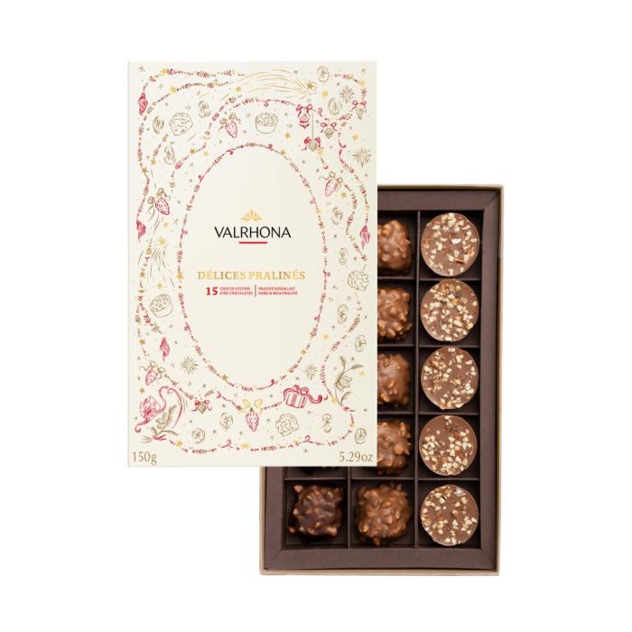coffret delices pralines noir lait noel 2026 150 g par valrhona
