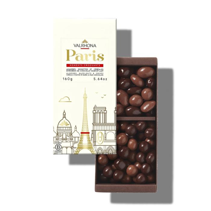 coffret paris amandes noisettes cereales au chocolat noir lait160g par valrhona